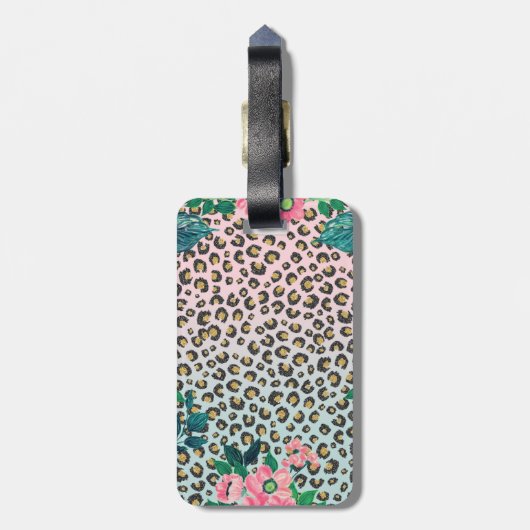 Girly Pink Mint Ombre Floral Glitter Leopard Print Bagagelabel (Achterkant verticaal)