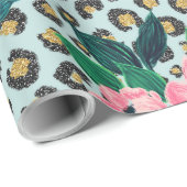 Girly Pink Mint Ombre Floral Glitter Leopard Print Cadeaupapier (Rol Hoek)