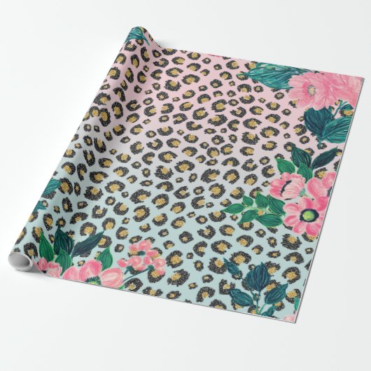 Girly Pink Mint Ombre Floral Glitter Leopard Print Cadeaupapier (Uitgerold)