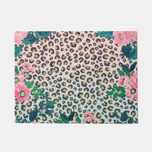 Girly Pink Mint Ombre Floral Glitter Leopard Print Deurmat (Voorkant)