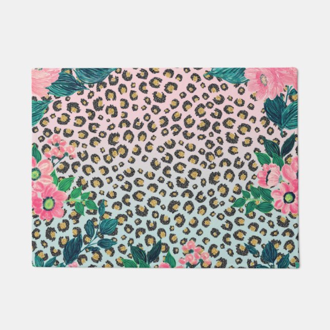 Girly Pink Mint Ombre Floral Glitter Leopard Print Deurmat (Voorkant)
