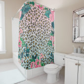 Girly Pink Mint Ombre Floral Glitter Leopard Print Douchegordijn (In situ)