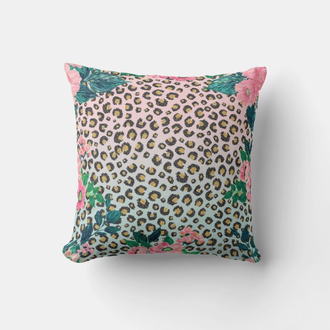 Girly Pink Mint Ombre Floral Glitter Leopard Print Kussen (Voorkant)