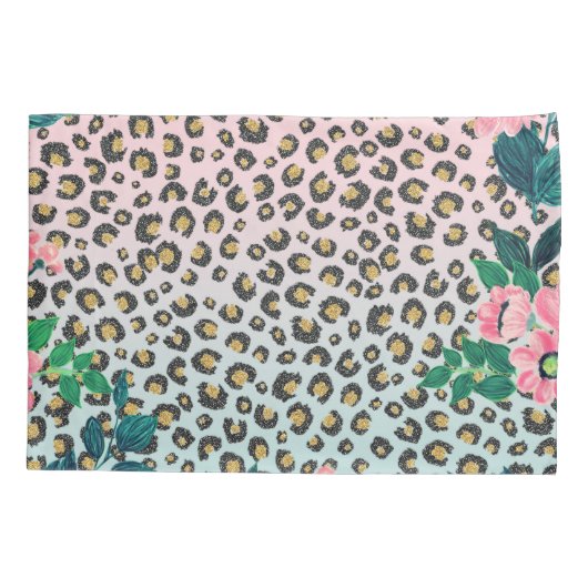 Girly Pink Mint Ombre Floral Glitter Leopard Print Kussensloop (Achterkant-Links)