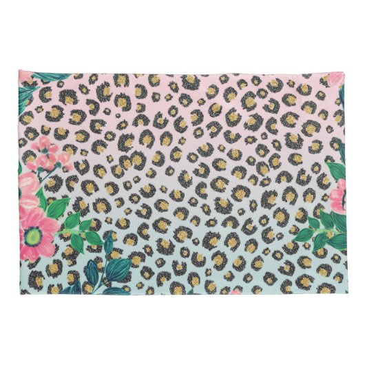 Girly Pink Mint Ombre Floral Glitter Leopard Print Kussensloop (Achterkant-Rechts)