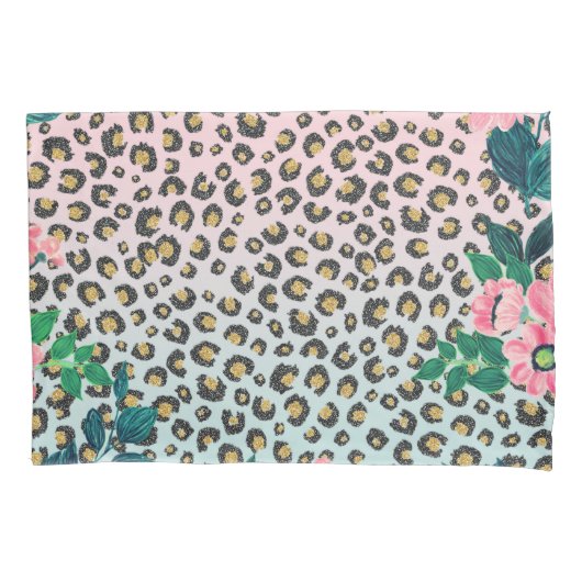 Girly Pink Mint Ombre Floral Glitter Leopard Print Kussensloop (Voorkant-Links)