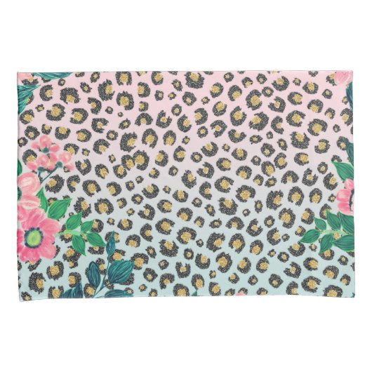 Girly Pink Mint Ombre Floral Glitter Leopard Print Kussensloop (Voorkant-Rechts)