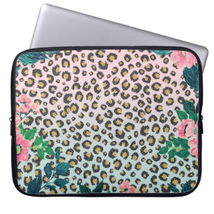 Girly Pink Mint Ombre Floral Glitter Leopard Print Laptop Sleeve