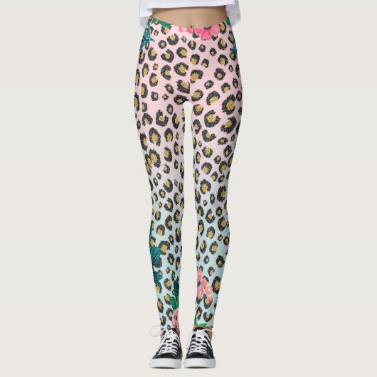 Girly Pink Mint Ombre Floral Glitter Leopard Print Leggings (Voorkant)