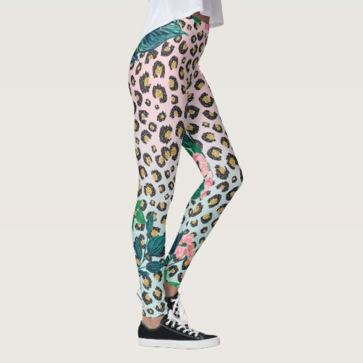 Girly Pink Mint Ombre Floral Glitter Leopard Print Leggings (Rechts)