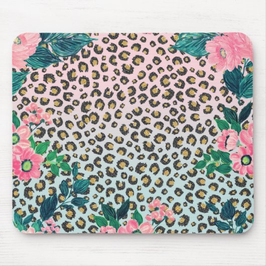 Girly Pink Mint Ombre Floral Glitter Leopard Print Muismat (Voorkant)