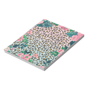 Girly Pink Mint Ombre Floral Glitter Leopard Print Notitieblok