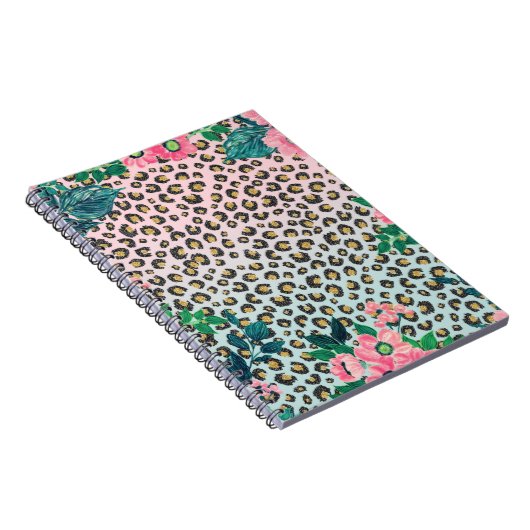 Girly Pink Mint Ombre Floral Glitter Leopard Print Notitieboek (Rechterzijde)