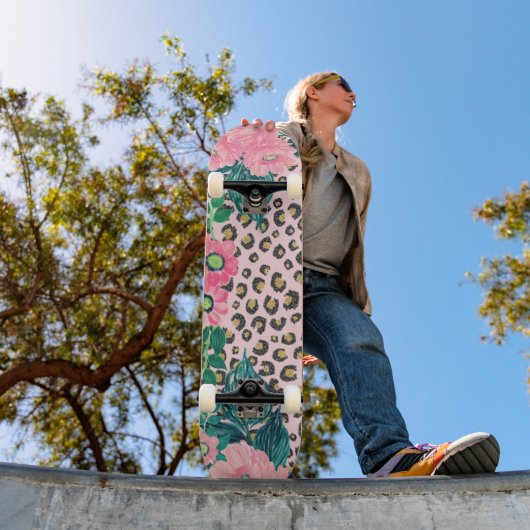 Girly Pink Mint Ombre Floral Glitter Leopard Print Persoonlijk Skateboard (Buiten 1)