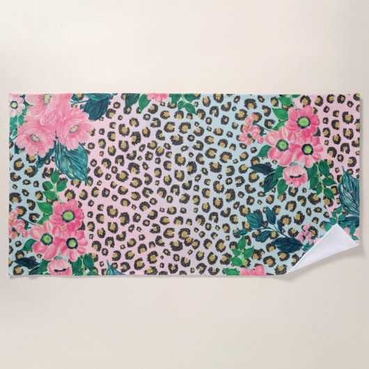 Girly Pink Mint Ombre Floral Glitter Leopard Print Strandlaken (Voorkant)