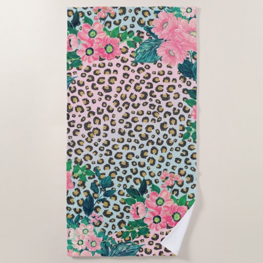 Girly Pink Mint Ombre Floral Glitter Leopard Print Strandlaken (Voorkant)