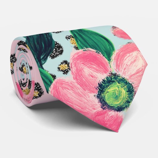 Girly Pink Mint Ombre Floral Glitter Leopard Print Stropdas (Opgerold)