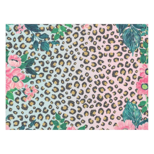 Girly Pink Mint Ombre Floral Glitter Leopard Print Tafelkleed (Voorkant (Horizontaal))
