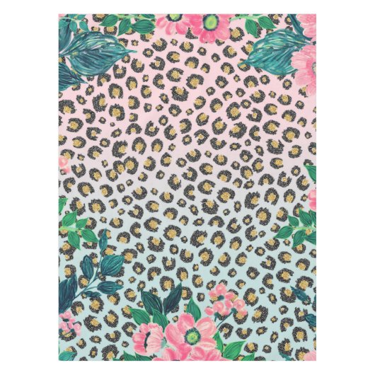 Girly Pink Mint Ombre Floral Glitter Leopard Print Tafelkleed (Voorkant)