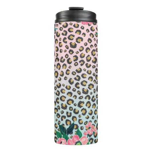 Girly Pink Mint Ombre Floral Glitter Leopard Print Thermosbeker (Voorkant)
