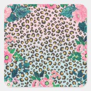 Girly Pink Mint Ombre Floral Glitter Leopard Print Vierkante Sticker