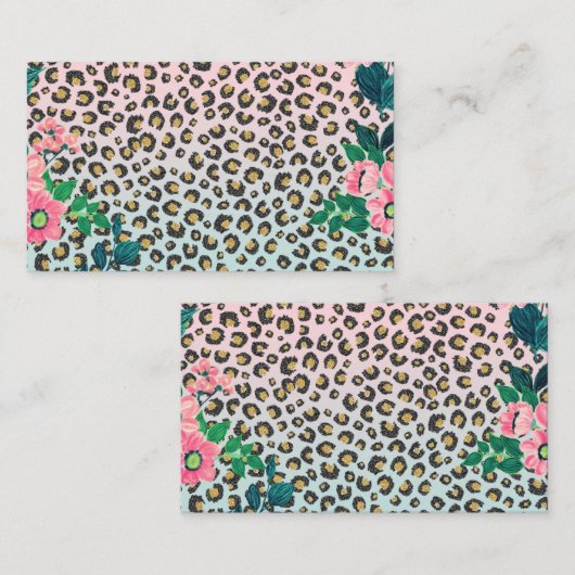 Girly Pink Mint Ombre Floral Glitter Leopard Print Visitekaartje (Voorkant / Achterkant)