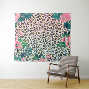 Girly Pink Mint Ombre Floral Glitter Leopard Print Wandkleed
