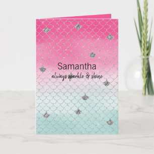 Girly Pink Mint Silver Glitter Mermaid Kaart