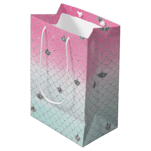 Girly Pink Mint Silver Glitter Mermaid Medium Cadeauzakje (Voorkant Gekanteld)