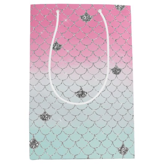 Girly Pink Mint Silver Glitter Mermaid Medium Cadeauzakje (Voorkant)