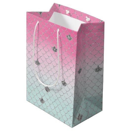 Girly Pink Mint Silver Glitter Mermaid Medium Cadeauzakje (Achterkant Gekanteld)