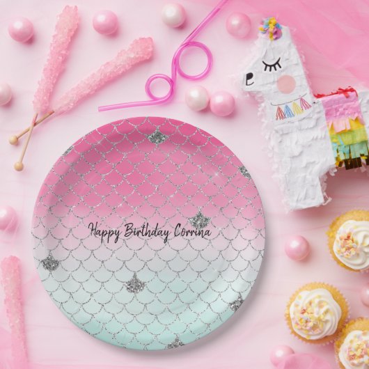 Girly Pink Mint Silver Glitter Mermaid Papieren Bordje (Feest)