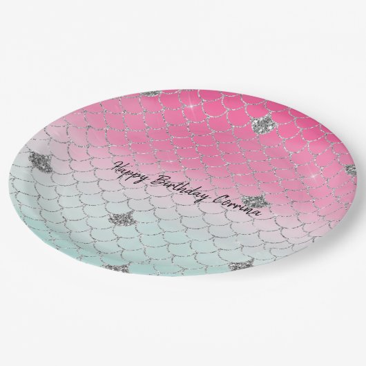 Girly Pink Mint Silver Glitter Mermaid Papieren Bordje (Gekanteld)