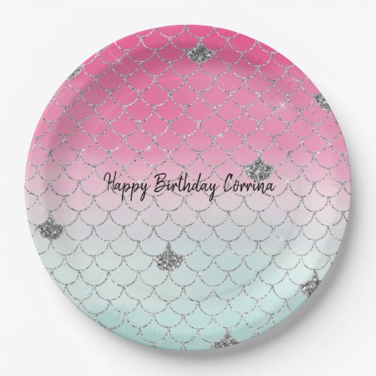 Girly Pink Mint Silver Glitter Mermaid Papieren Bordje (Voorkant)