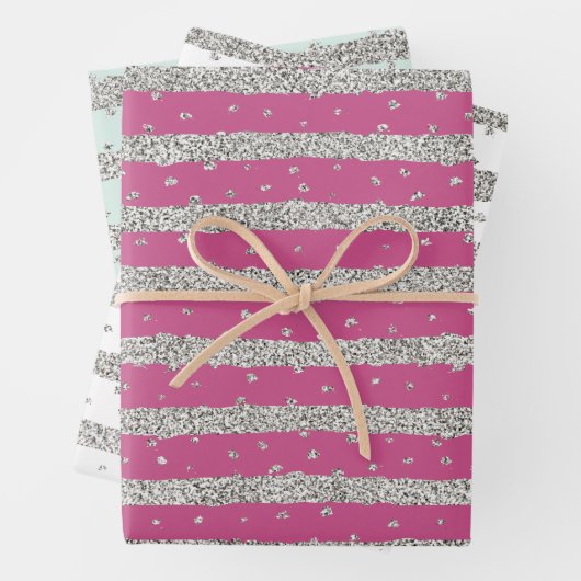 Girly Pink Mint Silver Sparkly Confetti Stripes Inpakpapier Vel (In situ)