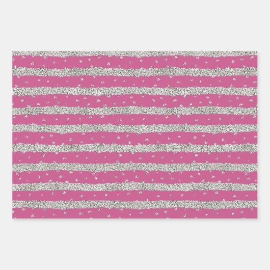 Girly Pink Mint Silver Sparkly Confetti Stripes Inpakpapier Vel (Voorkant)