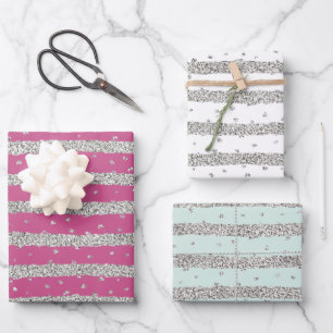 Girly Pink Mint Silver Sparkly Confetti Stripes Inpakpapier Vel