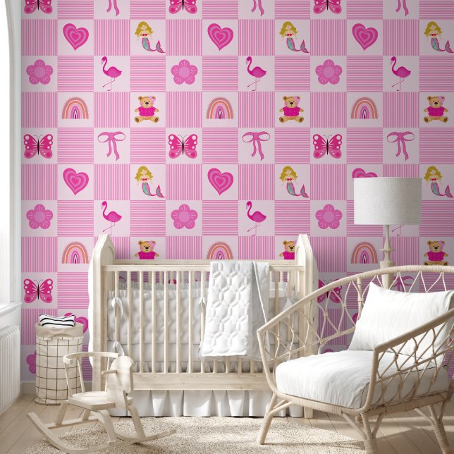 Girly Pink Modern Nursery voor haar Behang (Kinderen)