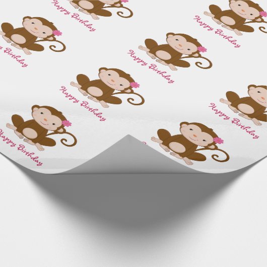 Girly Pink Monkey Birthday Cadeaupapier (Hoek)