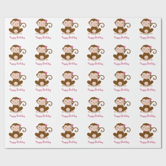 Girly Pink Monkey Birthday Cadeaupapier (Vlak)