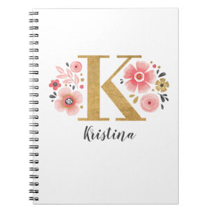 Girly Pink Monogram Floral Letter K Notitieboek