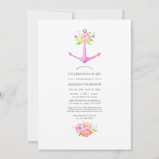 Girly Pink Nautical Floral Celebration of Life Kaart (Voorkant)