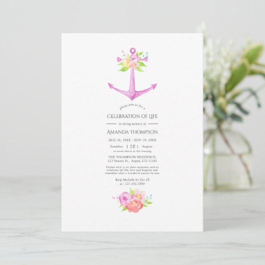 Girly Pink Nautical Floral Celebration of Life Kaart (Staand voorkant)