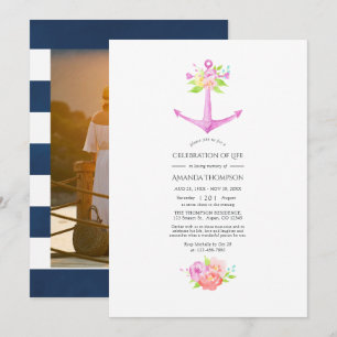 Girly Pink Nautical Floral Celebration of Life Kaart