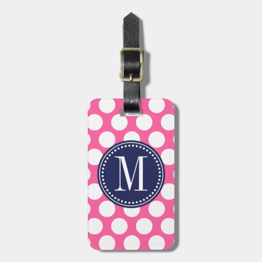 Girly Pink & Navy Big Polka Dots Monogramed Bagagelabel (Voorkant verticaal)