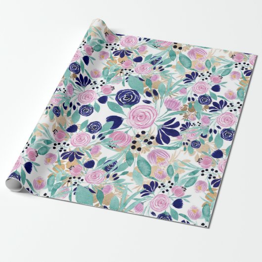 Girly Pink Navy Blue Gold Waterverf Flowers Cadeaupapier (Uitgerold)