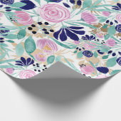 Girly Pink Navy Blue Gold Waterverf Flowers Cadeaupapier (Hoek)