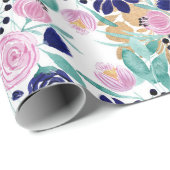 Girly Pink Navy Blue Gold Waterverf Flowers Cadeaupapier (Rol Hoek)