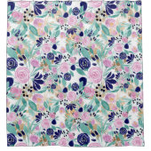 Girly Pink Navy Blue Gold Waterverf Flowers Douchegordijn (Voorkant)