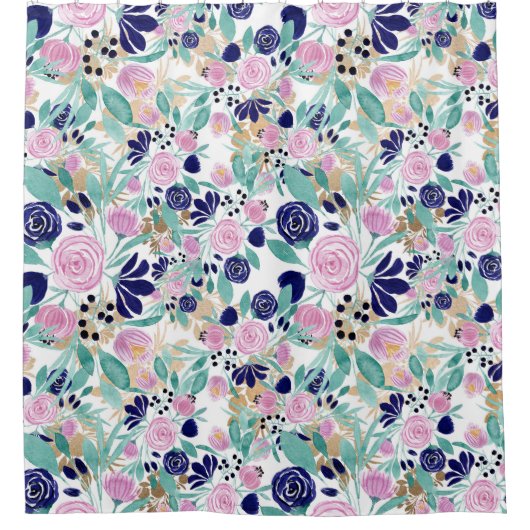 Girly Pink Navy Blue Gold Waterverf Flowers Douchegordijn (Voorkant)